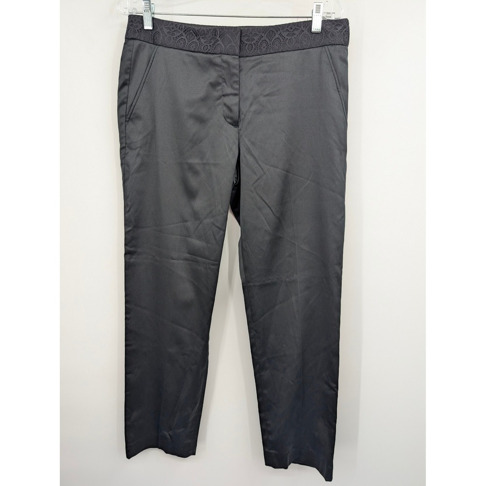 Tory Burch Women 10 Black Silk Blend Ankle Pants Straight Leg Lace Trim Stretch